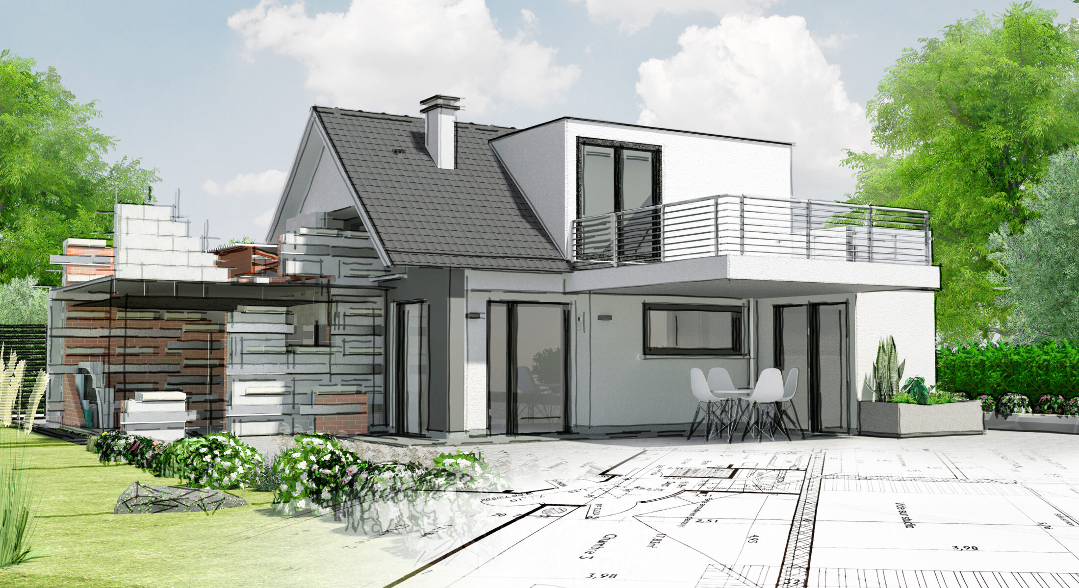 Plan d'une maison moderne avec un toit terrasse