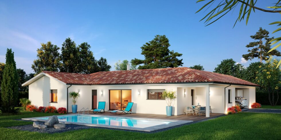 Maison de plain pied avec piscine et terrasse couverte