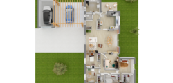 Plan axonométrique d'une maison de plain pied avec 3 chambres et un bureau