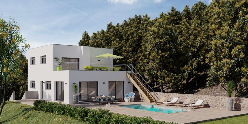 Maison à étage contemporaine avec de grandes baies vitrées et une piscine