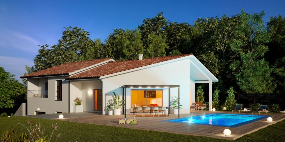Maison avec sous sol et une piscine intégrée dans une terrasse en bois