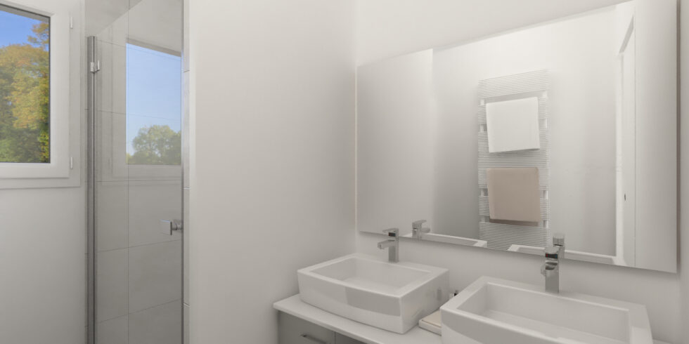 Salle de bain avec meuble double vasque et douche