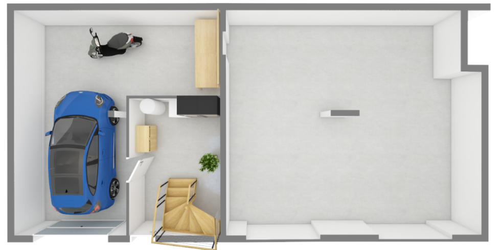 Plan 3D d'un sous-sol avec garage pour voiture et une moto