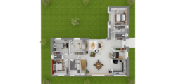 Plan 3D d'une maison avec sous sol et quatre chambres