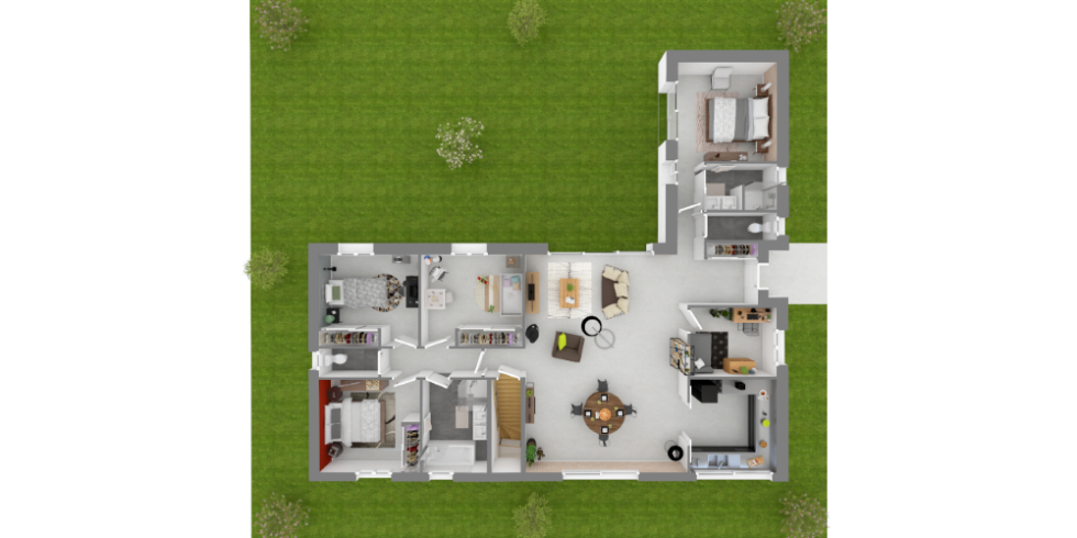 Plan 3D d'une maison avec sous sol et quatre chambres