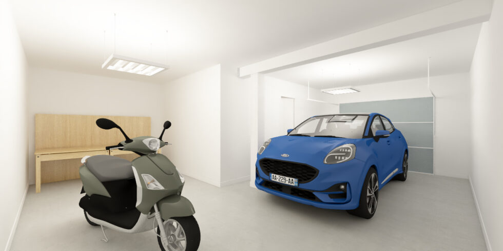 Garage d'une maison avec sous sol comprenant une voiture et un scooter