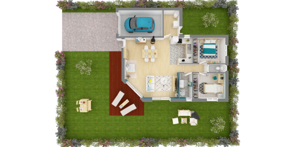 Plan 3D d'une maison 2 chambres avec un garage