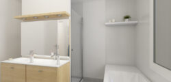Salle de bain comprenant une baignoire et une douche, ainsi qu'un meuble double vasque