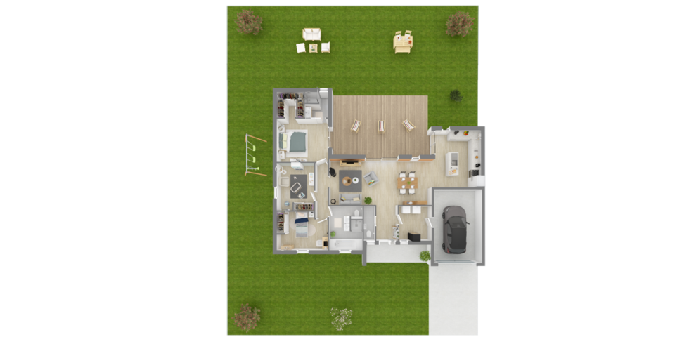 Plan 3D d'une maison 3 chambres avec un garage