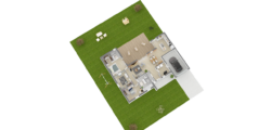 Plan axonométrique d'une maison avec 3 chambres, une garage et une terrasse