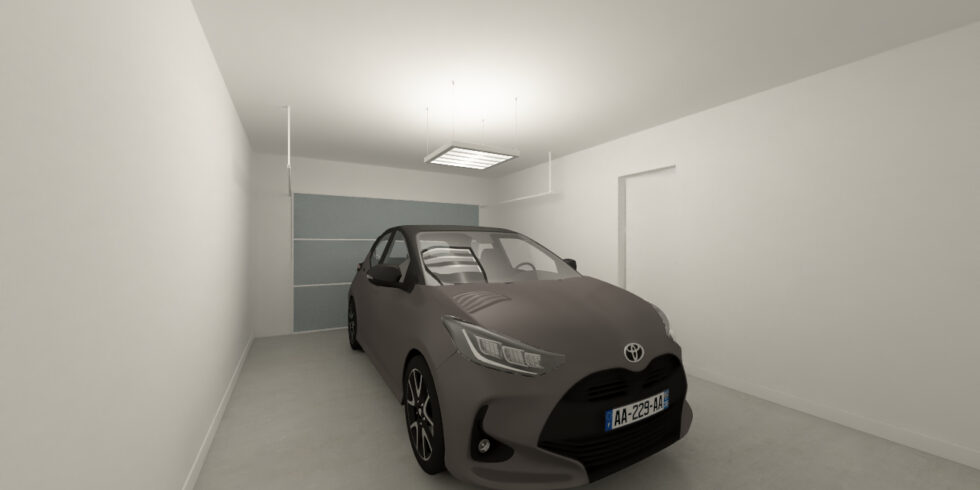 Garage d'une maison neuve avec une voiture et une porte d'accès à la maison