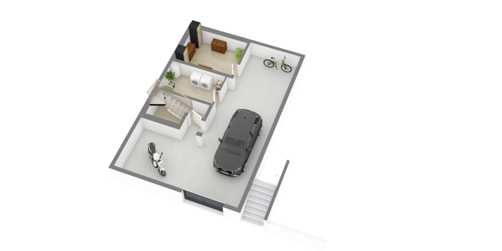 Plan axonométrique d'une maison avec un sous-sol et un garage