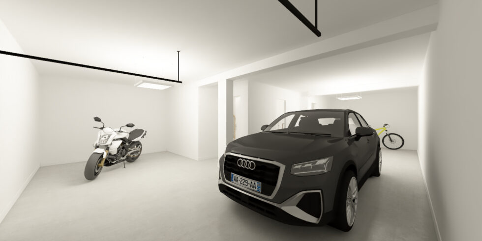 Garage d'une maison en sous-sol avec une voiture et une moto