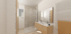 Salle de bain avec un meuble double vasque, un sèche-serviettes et une douche