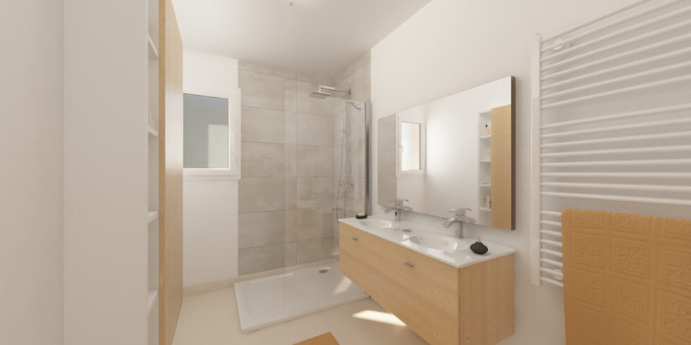 Salle de bain avec un meuble double vasque, un sèche-serviettes et une douche