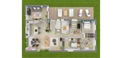 Plan 3D d'une maison avec 3 chambres, un bureau et une salle de jeux/atelier