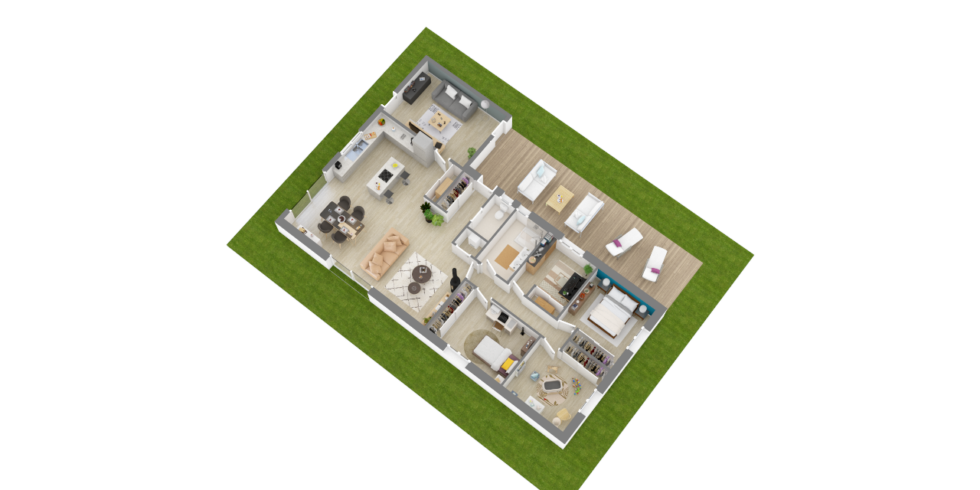 Plan axonométrique d'une maison rectangulaire avec 3 chambres, un bureau et une terrasse