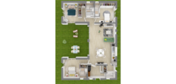 Plan 3D d'une maison 3 chambres en forme de U