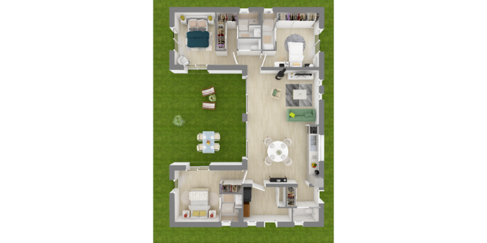 Plan 3D d'une maison 3 chambres en forme de U