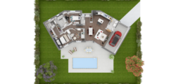 Plan axonométrique d'une maison de plain pied avec une terrasse et une piscine