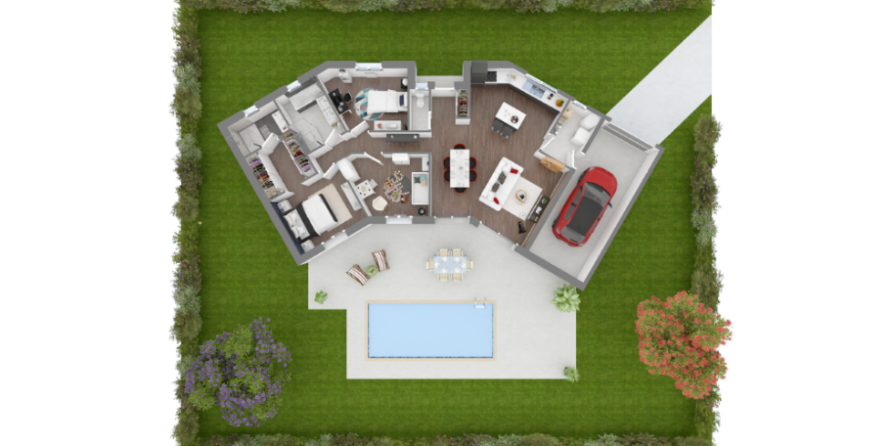Plan axonométrique d'une maison de plain pied avec une terrasse et une piscine