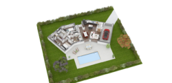 Plan 3D d'une maison de plain pied avec 3 chambres