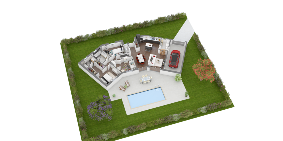 Plan 3D d'une maison de plain pied avec 3 chambres