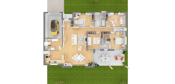 Plan 3D d'une maison 3 chambres avec un bureau et un garage