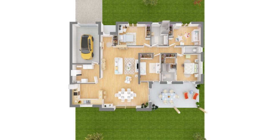Plan 3D d'une maison 3 chambres avec un bureau et un garage