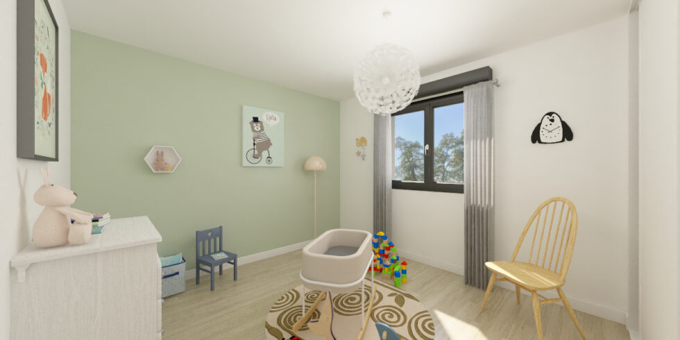 Chambre de bébé avec berceau, petite chaise et commode