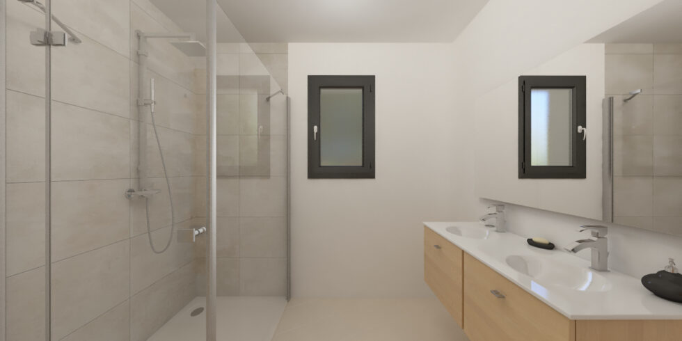 Salle de bain avec un meuble double vasque et une grande douche