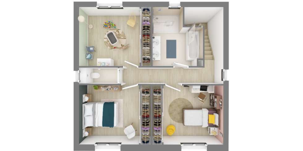 Plan 3D de l'étage d'une maison avec 3 chambres
