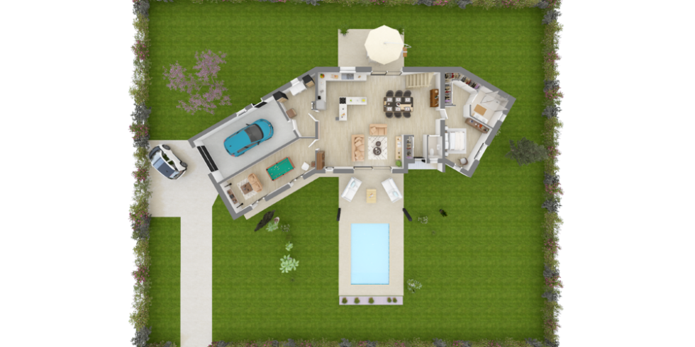 Plan 3D d'une maison à étage avec une salle de jeux et un garage