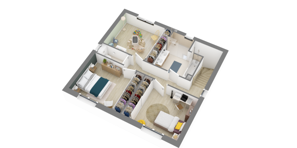 Plan axonométrique d'une maison à étage avec 4 chambres
