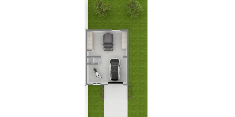Plan 3D d'un sous-sol garage avec deux voitures et une moto
