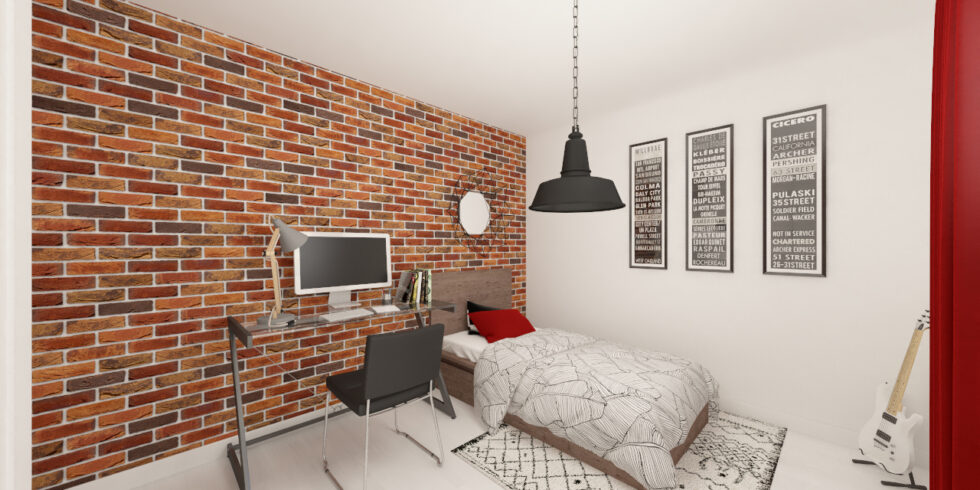 Chambre adolescent avec lit une place, un bureau et une guitare