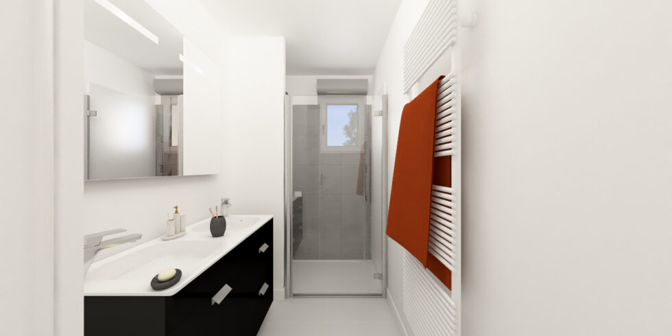 Salle de bain avec douche à l'italienne et meuble double vasque