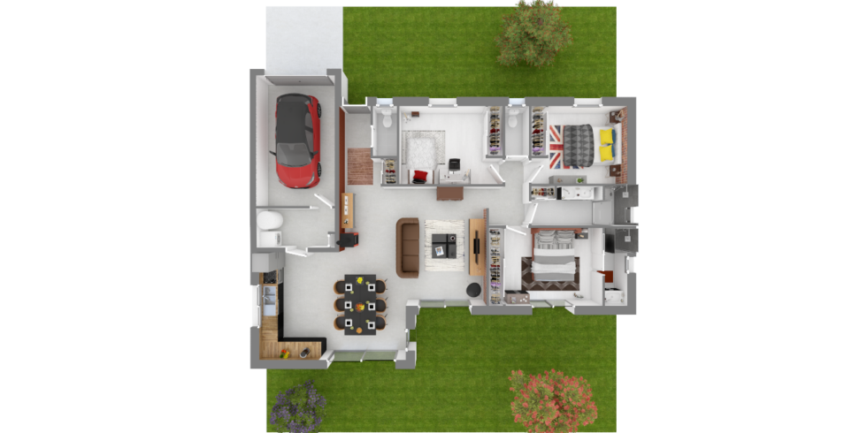 Plan 3D d'une maison de plain pied avec garage