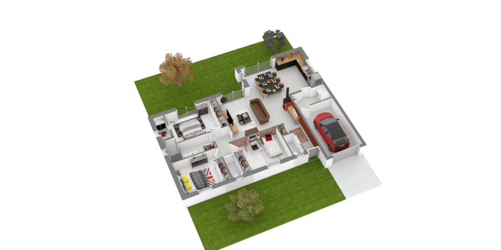 Plan axonométrique d'une maison de plain pied avec 3 chambres et un garage