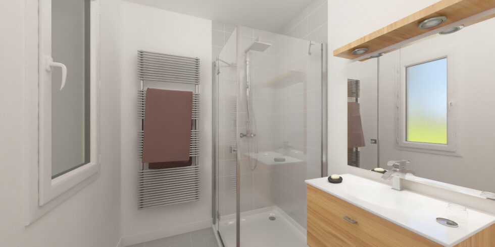 Salle d'eau avec une douche et un large meuble simple vasque