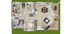 Plan 3D d'une maison avec un sous sol et 3 chambres