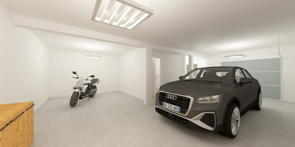 Garage d'une maison avec sous-sol avec une voiture et une moto