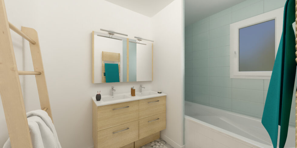 Salle de bain avec baignoire et meuble double vasque devant un miroir