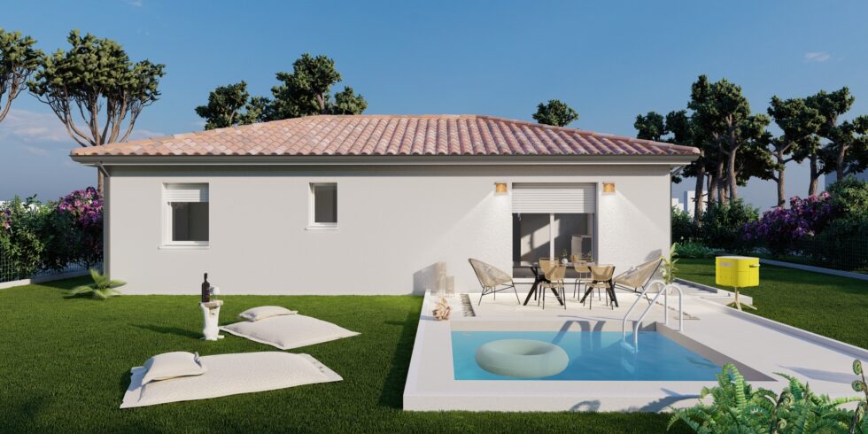 Maison de plain pied avec une terrasse et une piscine