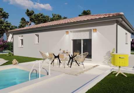 Terrasse d'un modèle de maison de plain pied avec piscine