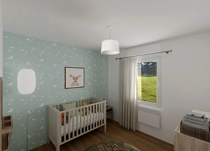 Chambre enfant avec lit à barreaux et décoration pastelle