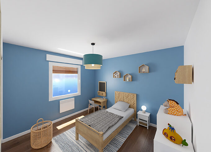 Chambre d'enfant avec un lit une place et un bureau