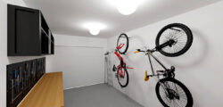 Garage avec deux vélos et un établi