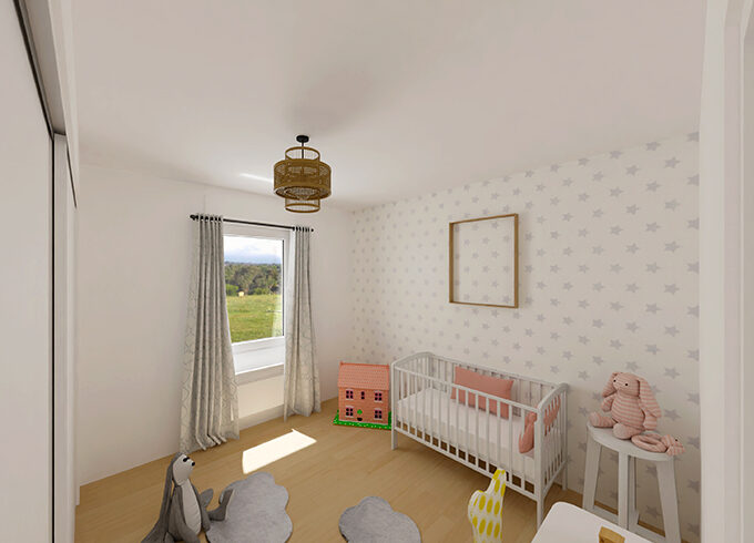 Chambre d'enfant avec un lit à barreaux et des jouets