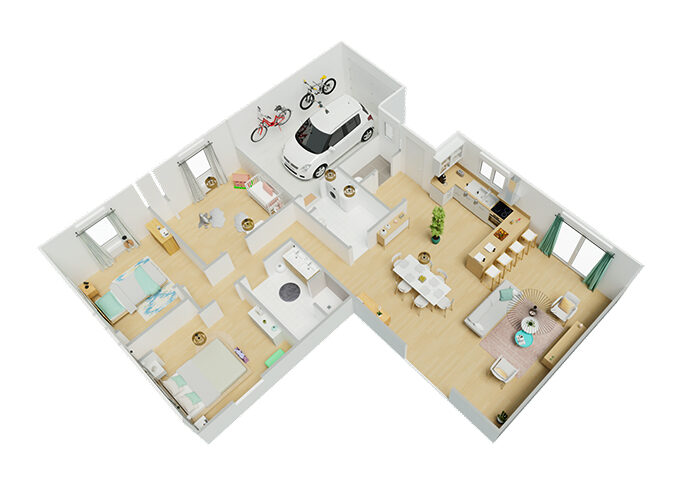 Plan d'une maison en L avec 3 chambres et un garage